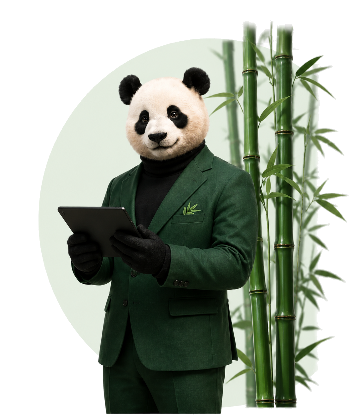 BambooQuote brand advisor — panda in a green suit holding a tablet